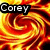 Animated swirling fire pattern with three distinct name labels in black text boxes: 'Corey' top-left, 'Michael' top-right, and 'Knapp' bottom-center.