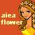 Pixelated image of a woman with long brown hair wearing a yellow dress and floral crown, standing against an orange background with text reading 'aiea flower' in light-colored block letters.