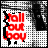 Red text 'roll out boy' on a halftone background with black and white pixelated figures, animated across showing shifting positions