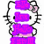 Pixelated Hello Kitty character with pink bow, holding white daisy, wearing pink dress and white shorts, with purple text overlay on left side.