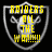 Pixelated shield-shaped icon with yellow text reading 'RAIDERS ALL THE WAY!!!!' over a grayscale skull and crossbones on black background.