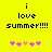 Yellow background with black text reading "i love summer!!!" and five pink/purple flower icons below, two versions differ in flower arrangement.