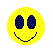 Yellow circular icon with dark blue oval eyes and a smiling mouth, displaying multiple variations of eye positions across four