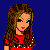 Pixelated character in red top and mesh skirt with text overlays on blue background.