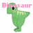 Pixelated green dinosaur with black eye and pink blush stands beneath pink text reading 'Dinosaur' on white background.
