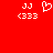 Red background with white pixelated text and symbols: 'JJ' above '<333', a heart symbol, and repeated elements.