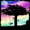 Silhouetted tree with swing against gradient sky transitioning from purple to pink to green, scattered dark particles floating near swing.