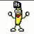 Pixelated cartoon banana character with green limbs, red mouth, and white eyes stands in a static pose holding circular objects above its head.