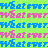 Pixelated text 'What' in blue and pink repeats across a bright green background with alternating color rows.