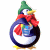 Pixelated penguin wearing green hat and red scarf, standing on white background with dark circular base.