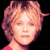 Pixelated static image of a person with light brown curly hair wearing a red top against black background, showing facial features and partial neck in close-up crop.