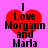 Four identical pixelated red heart icons with black text "I Love Morgann and Marla" on a solid pink background, arranged in a