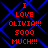 Red text on black background with blue pattern displays "I LOVE OLIVIA!!! 5000 MUCH!!!" in four identical quadrants