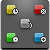 Six pixelated icons arranged in a 3x2 grid on a gray background, each with a colored square and a circular symbol overlay.