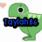 Green pixelated dinosaur with single eye, blue text 'Taylah86' overlaid, multiple poses including standing, crouching, and open-mouthed expression.