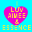 Four identical pixelated heart-shaped icons with yellow text on a cyan background, each displaying "I LUV AIMEE & ESSENCE" in blocky font.