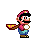 Pixel art of a character with red cap, black mustache, pink shirt, blue overalls, brown shoes, and brown cape with yellow trim in three poses against gray background.