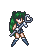 Pixel art character with green hair and blue boots holding a large key-shaped weapon in various poses against a gray background.