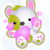 Pixelated cartoon dog with green and white fur, pink ears and paws, holding a pink heart, surrounded by small pink hearts.