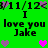 Green background with black text reading "I love you Jake" and "11/12" surrounded by purple and pink heart icons in two mirrored arrangements.