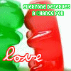 Animated contact sheet of six frames showing a red and green cartoon couple kissing with text overlays, arranged in 3x2 grid on gray background.