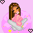 Pixel art of a girl with brown hair and pink dress sitting on gray wings, surrounded by pink hearts and yellow stars against light purple background.