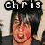 A pixelated image of a person with dark hair and red cheeks, wearing a black top, with the text 'chris' in blocky white letters above their head.