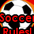 Pixelated soccer ball with black and white panels, red text reading "Soccer Rules!" below it, and a rainbow arc above the ball on a black background.