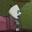 Animated sequence of a white-headed cartoon character with green eyes and blue chest accents, performing various poses against changing backgrounds.