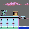 Pixel art scene shows a ninja-like figure on a platform with pink clouds above, blue water below, and mechanical elements.