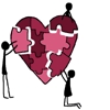 Two stick figures assemble a heart-shaped puzzle with pink and maroon pieces against a white background.