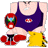 Pixelated cartoon character wearing dark blue tank top with red-and-white emblem, yellow shorts, and red boxing gloves holding a red helmet with green and blue visor.