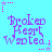 Pixelated text 'Broken Heart Wanted.' in purple on cyan background with pink and light purple star accents, arranged in a of six identical