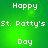 Green background with white pixelated text reading 'Happy St. Patty's Day' in two , displayed as a static image