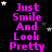 Black background with repeated pink text "Just Smile And Look Pretty" and scattered white and gray stars, one gray rectangle in bottom-right corner.