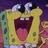Yellow sponge character with green spots, white shirt, and blue pants; mouth open wide showing teeth and tongue against purple background.