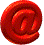 Red spiral @ symbol rotates through multiple angles against white background, showing full 360-degree view with visible depth and texture.