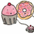 Pixelated image of a pink-frosted cupcake with red cherry, adjacent to a pink-glazed donut connected by chain to smaller cupcake.