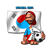 Pixelated static icon of a cartoon character in blue and red attire holding a soccer ball, with partial text elements visible above the frame.