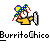 Pixel art buddy icon of a yellow stick figure with rainbow-colored hair holding a megaphone, below which is the text 'BurritoChico' in pixelated font on gray background.