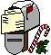 Pixelated gray mailbox with red flag, snow on top, candy cane, and holly; left view shows open mailbox with yellow letter, right view shows closed mailbox.