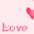 Pixelated pink background with repeated 'Love' text and heart symbols in various sizes, some hearts partially obscured by a gray rectangle.
