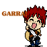 Pixel art character with red spiky hair and brown backpack in multiple poses with 'GARRA' text on gray background.