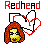 Pixel art icon featuring a character with long red hair, green eyes, and red lips, with 'Redhead' text above and a red heart outline.