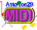 Animated sequence of 'MIDI' text in pink with yellow border on gray background, surrounded by musical notes and sparkles.