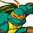 A pixelated cartoon character in teal and yellow with orange accents on the right side of a contact sheet, next to green text reading "Original Icons .com" on a dark background.