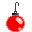 Six pixelated spherical ornaments with hooks hang in two against a gray background, each in distinct solid colors with light reflections