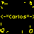 Yellow pixelated text and symbols on black background, repeating '(-xCarlosx-)' with scattered geometric shapes.