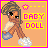 A 3x3 contact sheet of an animated AIM buddy icon featuring a cartoon baby doll character with brown skin, curly hair, and blue shorts running on white clouds against an orange background with "BABY DOLL" text in yellow.