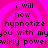 Pixelated text on a pink spiral background with repeated phrases and distorted words.